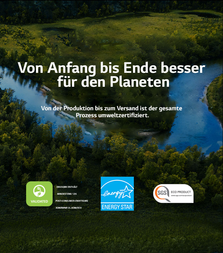 Ein Fluss, der einen Wald durchzieht, ist abgebildet. Am unteren Rand des Bildes befinden sich die Logos von UL, Energy Star und SGS.