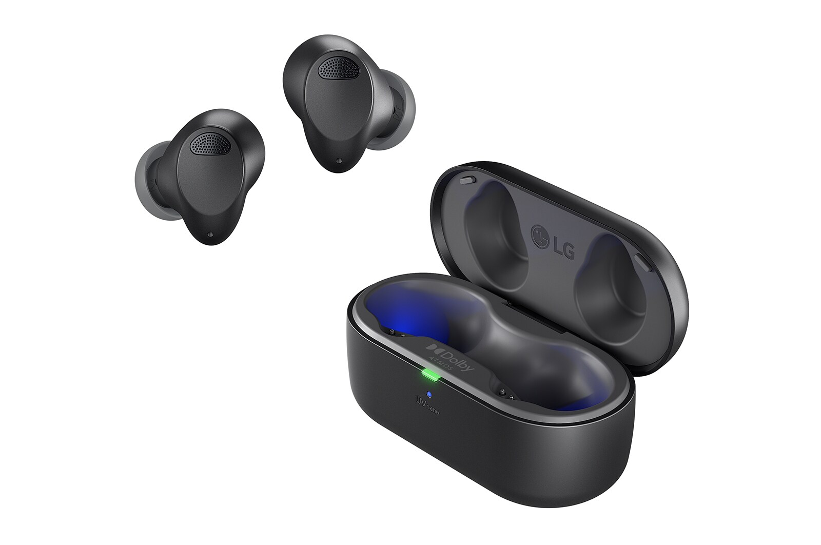 While the earbuds are in the air, light is emitted from the case, opening the cradle's lid. Plug and Wireless appear on the left,